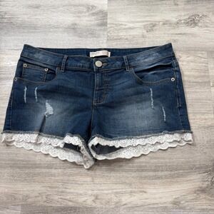 No Boundaries Womens Distressed Denim Shorts Lace Trim Dark Wash Size 15